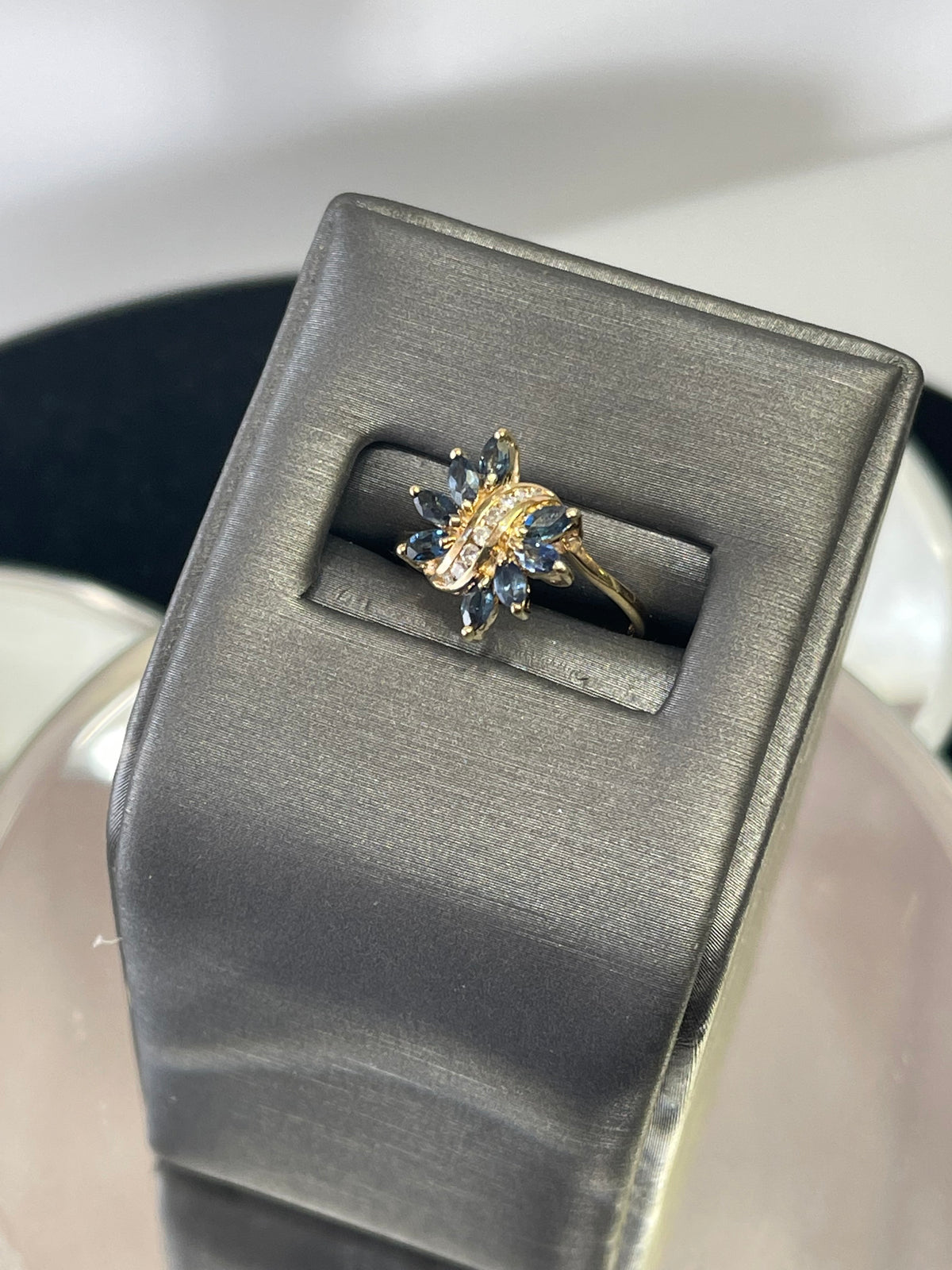 14 karat Yellow Gold Floral Butterfly Style Marquee Sapphire & Round Diamond Ring