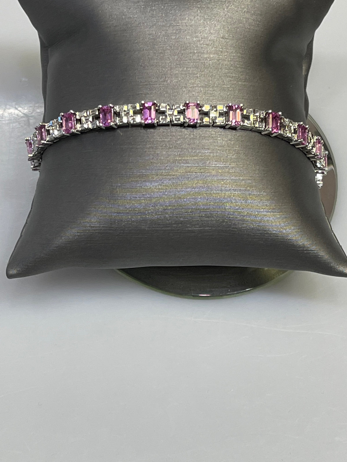 18 Karat White Gold Diamond And Pink Sapphire Bracelet Gorgeous Baguette Diamonds & Emerald Cut Sapphire Bracelet
