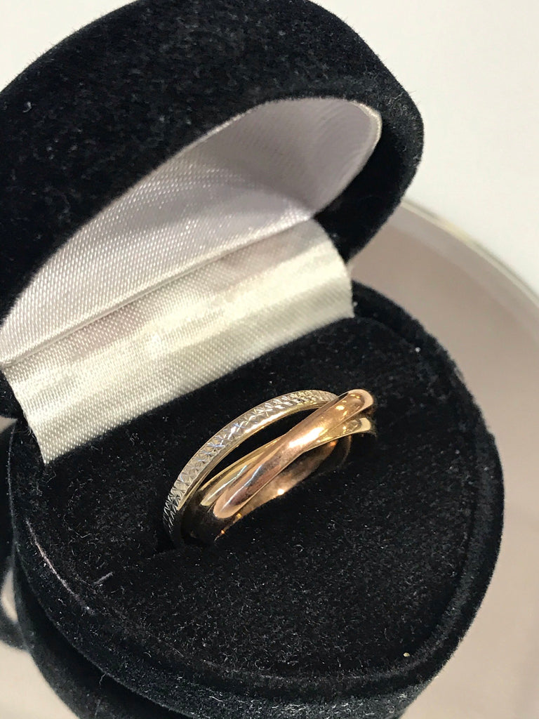 View ten of Tri Color Wonder Ring 3 Band Ring White Yellow & Pink Gold