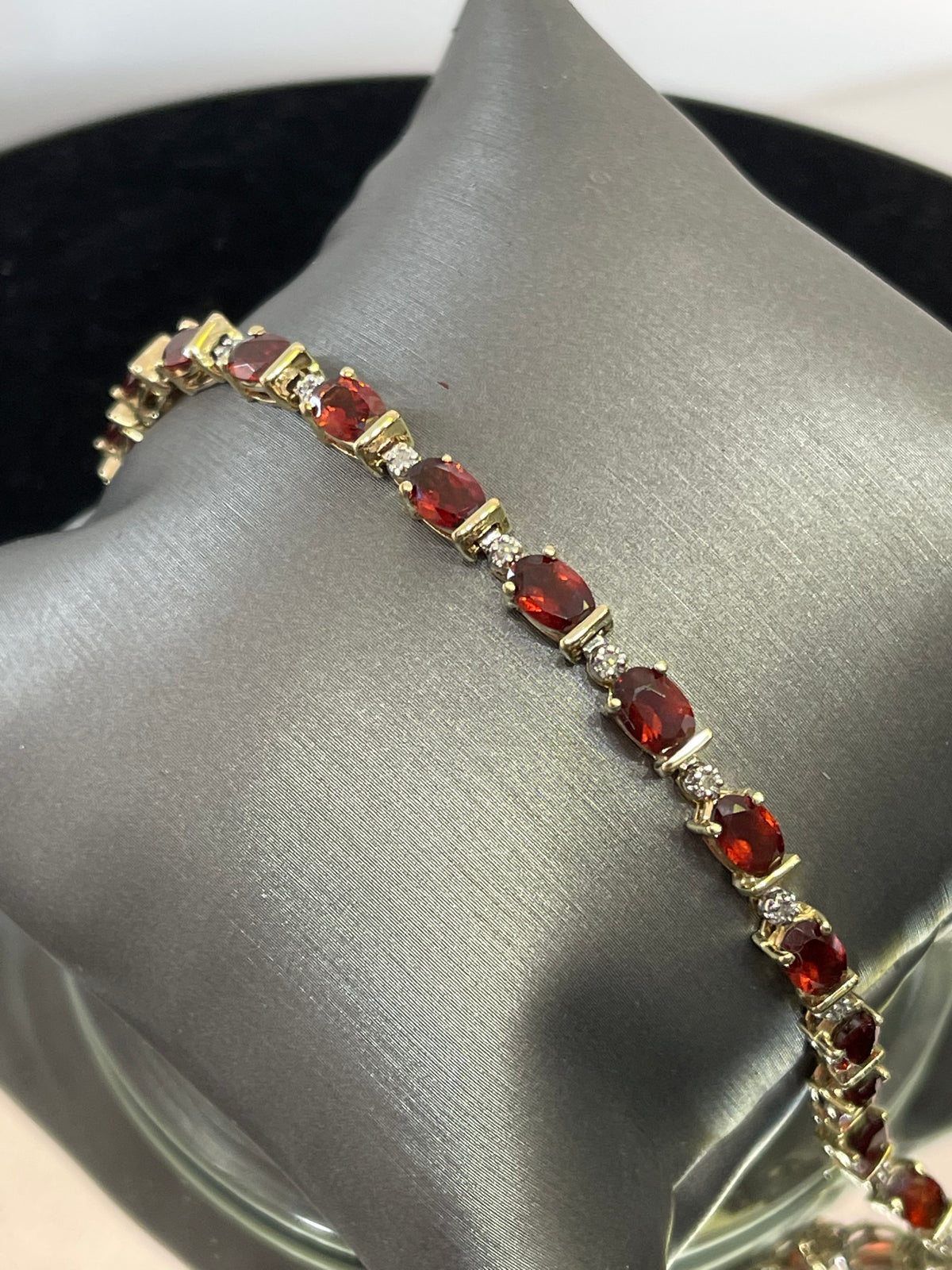 14KT Y/G Oval Garnet And Diamond Tennis Bracelet