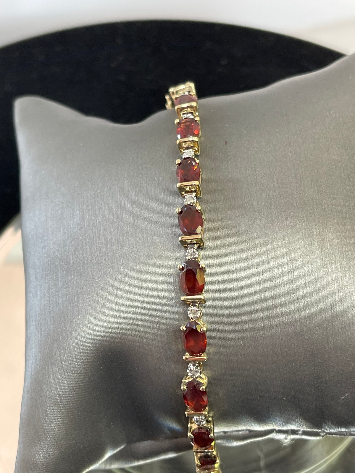 14KT Y/G Oval Garnet And Diamond Tennis Bracelet
