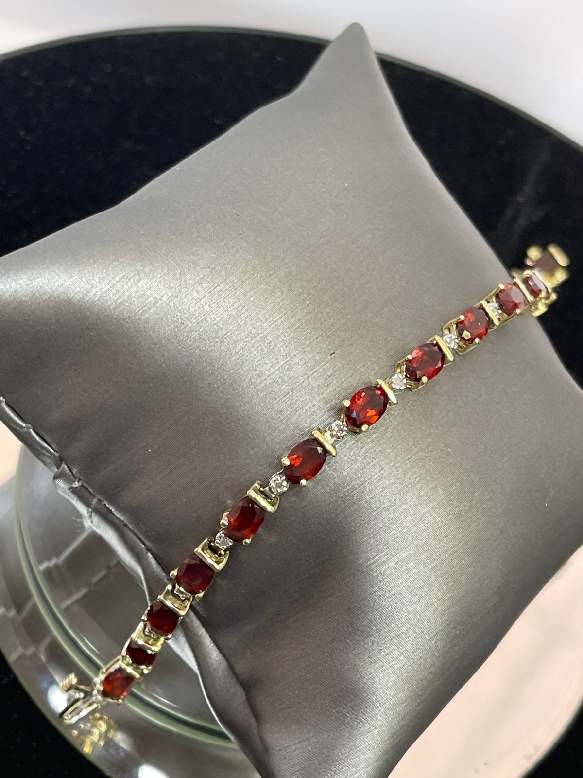 14KT Y/G Oval Garnet And Diamond Tennis Bracelet
