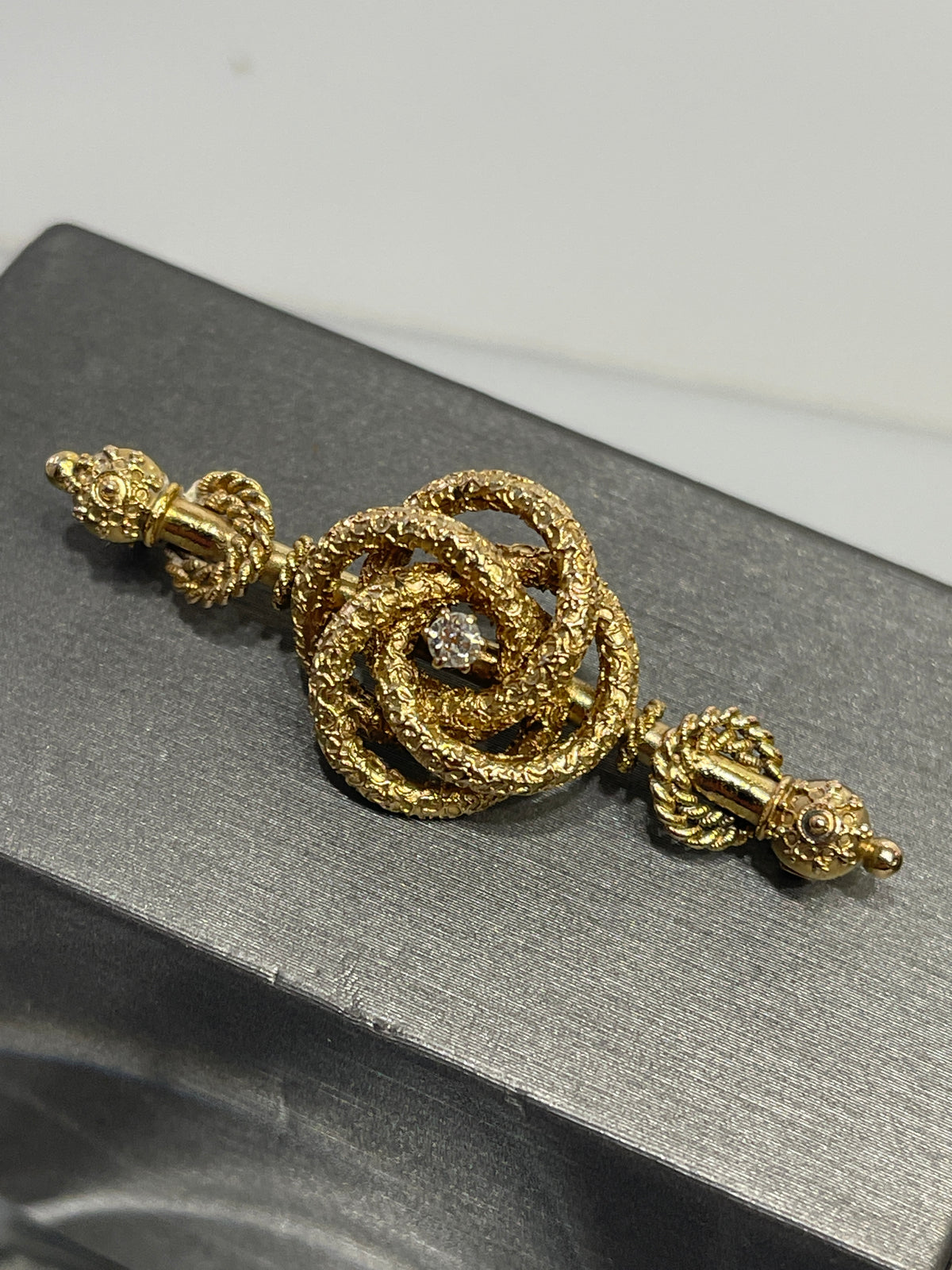 Antique 14 Karat Yellow Gold Diamond Love Knot Pin