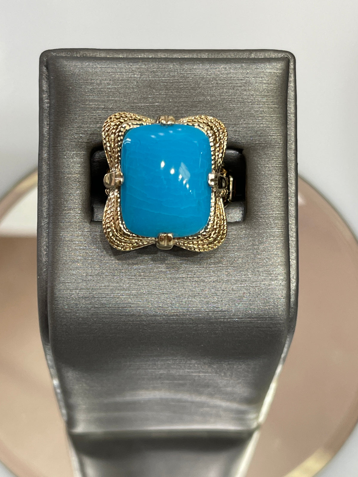 14 Karat Yellow Gold Large Turquoise Ribbon Ring With Beaded Pattern