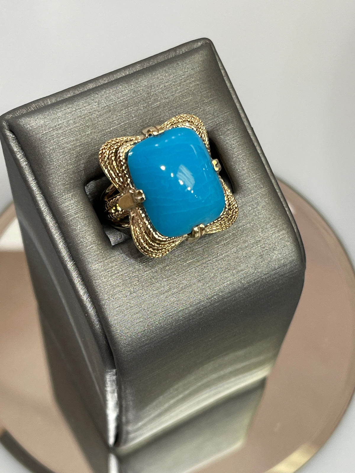 14 Karat Yellow Gold Large Turquoise Ribbon Ring With Beaded Pattern