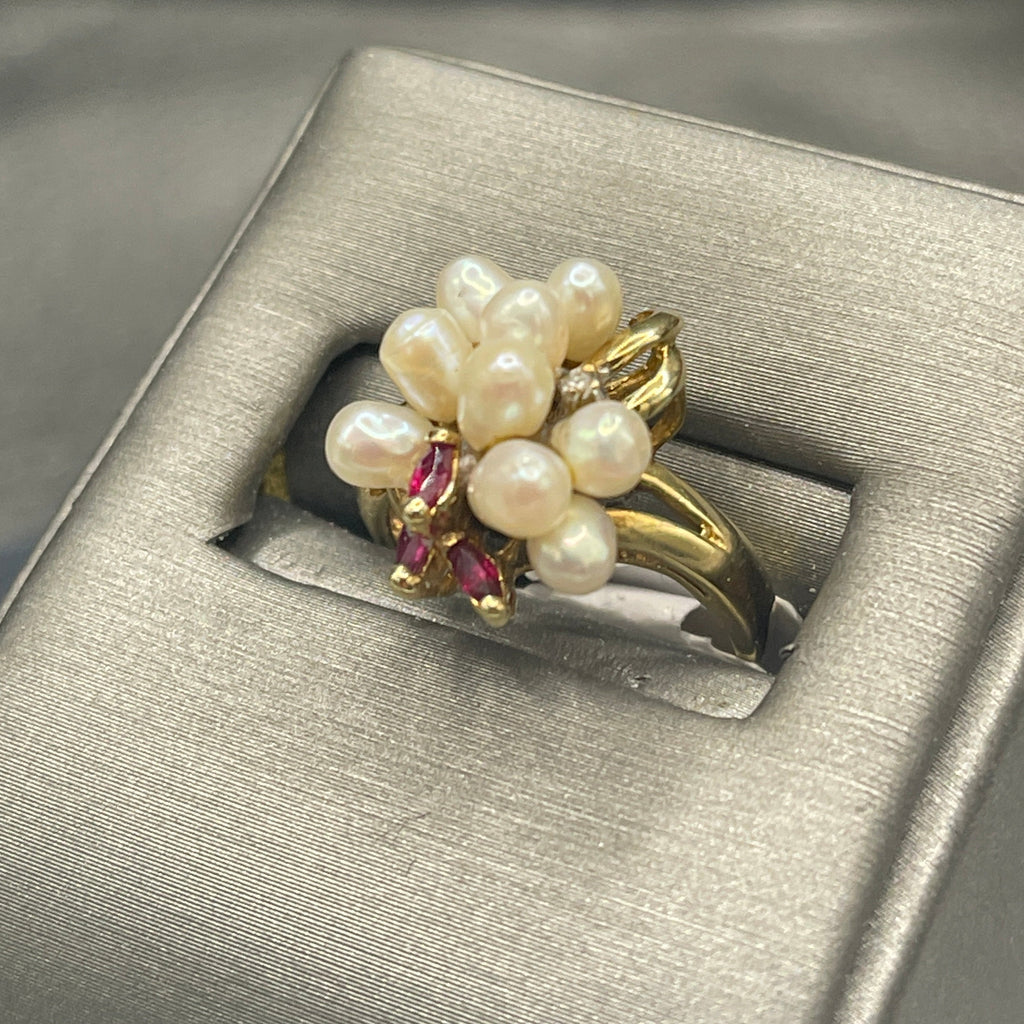 View Two of 10 KARAT YELLOW GOLD WITH FRESHWATER PEARL, RUBY & DIAMOND RING
