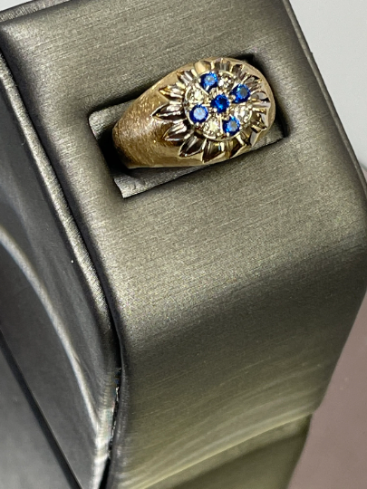 Men's 14 Karat Yellow Gold Stone Finish Diamond & Sapphire Ring