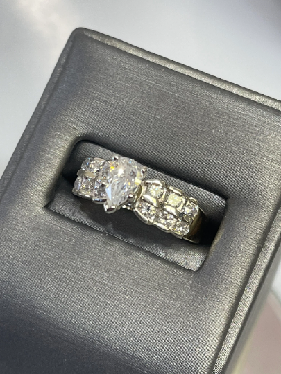 14 Karat Yellow Gold Diamond Engagement Ring 3 Step Diamond Accent Band W/ Center Pear Shape