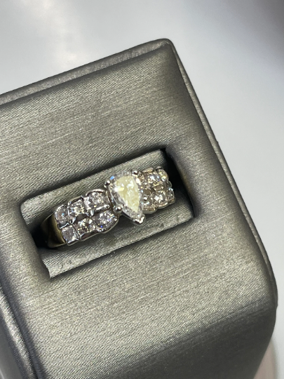 14 Karat Yellow Gold Diamond Engagement Ring 3 Step Diamond Accent Band W/ Center Pear Shape