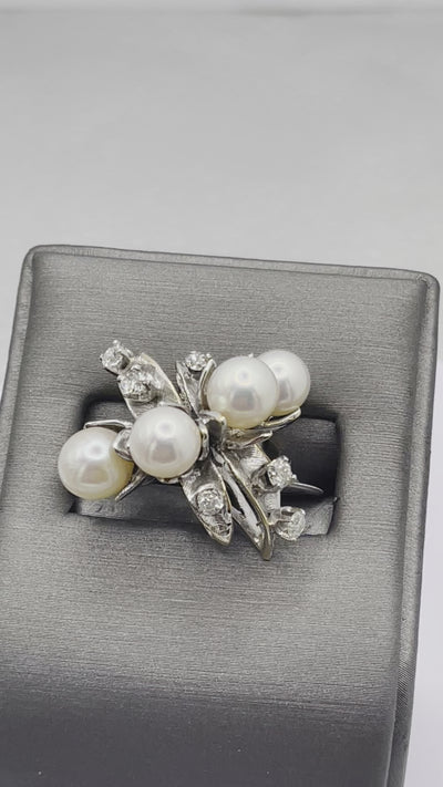 Movie of 14 Karat White Gold Pearl And Diamond Cocktail Ring