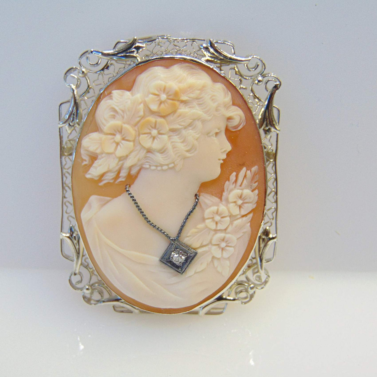 Vintage Fancy 14KT W/G Filigree Framed Cameo Pin Brooch or Pendant Beautiful Face - Philadelphia Gold & Silver Exchange