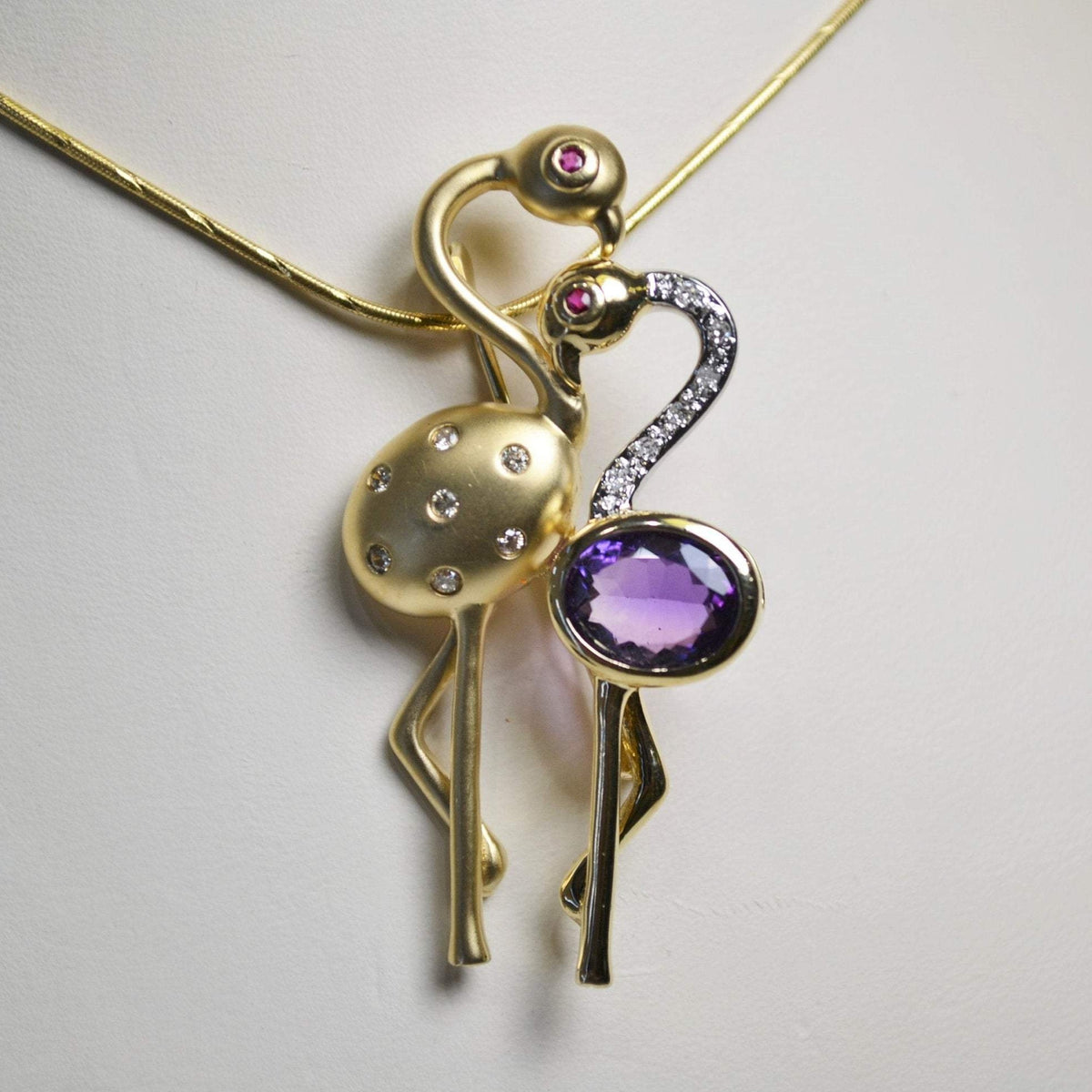 14 Karat Yellow Gold Diamond & Amethyst Flamingo Pendant Pin - Philadelphia Gold & Silver Exchange
