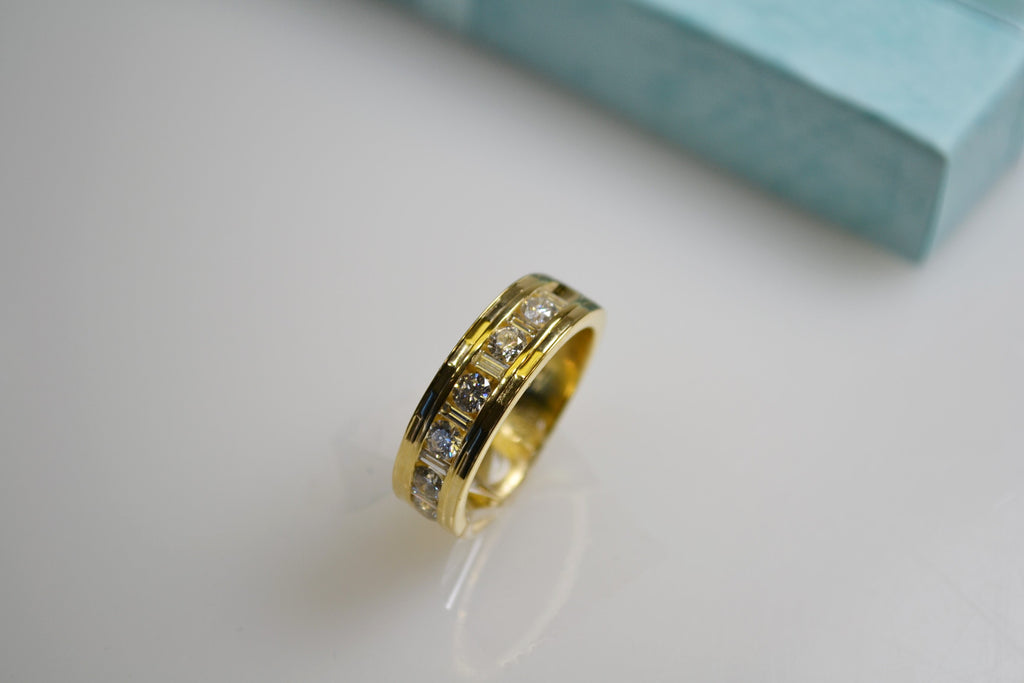 View six of 22 Karat Yellow Gold Faceted Diamond Men's Band With Round & Baguette Diamonds