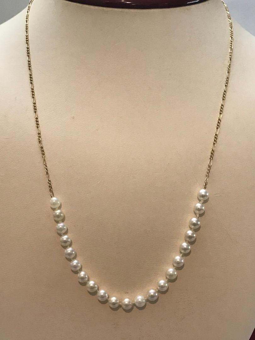 View two of 14K Karat Solid Yellow Gold Figeroe Necklace With Genuine White Pearls