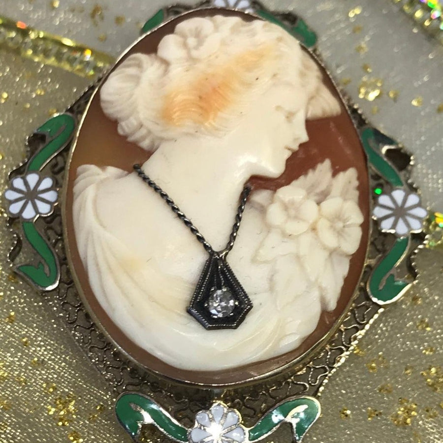 14 Karat White Gold Antique Victorian Cameo Hand Carved In Coral With Filigree