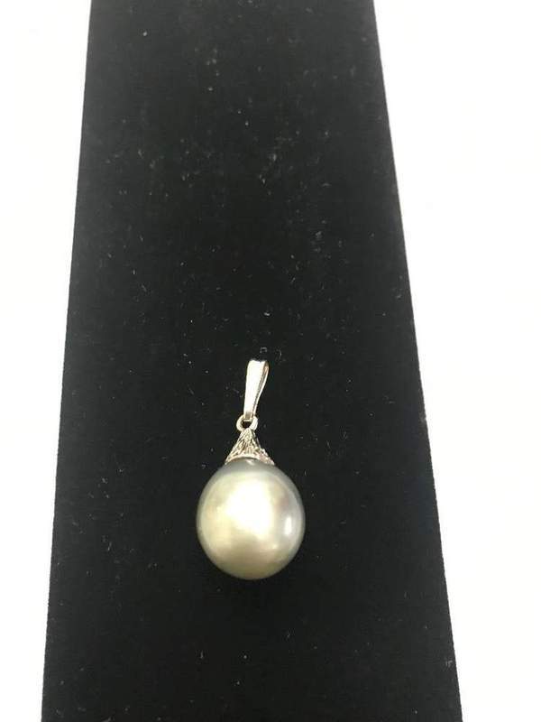 View two of 14 Karat Solid White Gold Black Pearl & Diamond Pendant