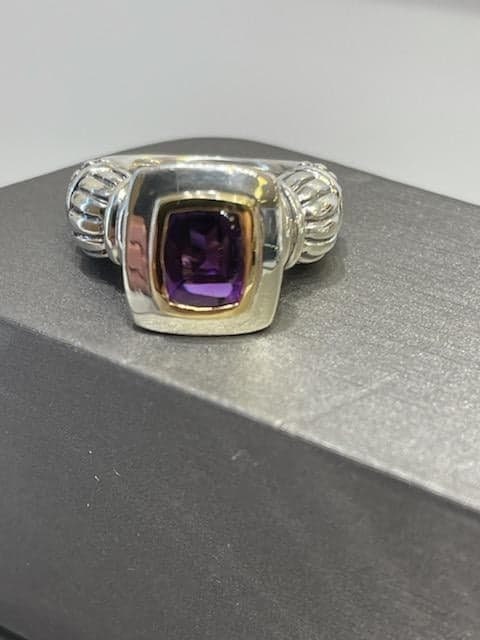 Sterling Silver And 18KT Yellow Gold Cabochon Shaped Amethyst Ring ...