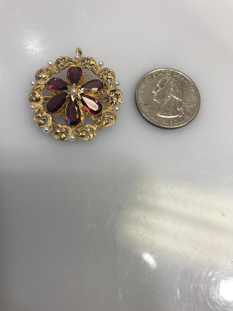 Ladies Antique 10K Solid Yellow Gold Pendant / Pin Amethyst Baby Pearls - Philadelphia Gold & Silver Exchange